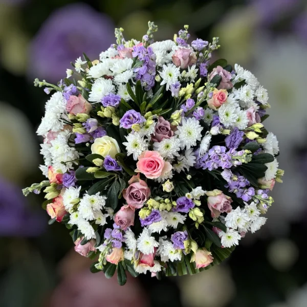 Souvenirfleuri fr Coussin rond de roses pastel et violine