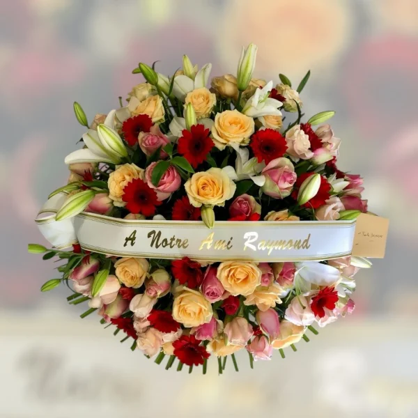 Souvenirfleuri fr Coussin rond de roses rouges, saumon, roses et gerberas rouges