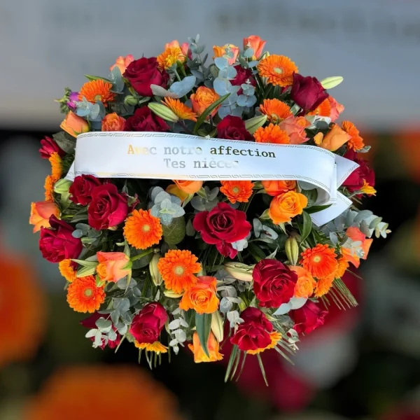Souvenirfleuri fr Coussin rond roses rouges et gerberas oranges