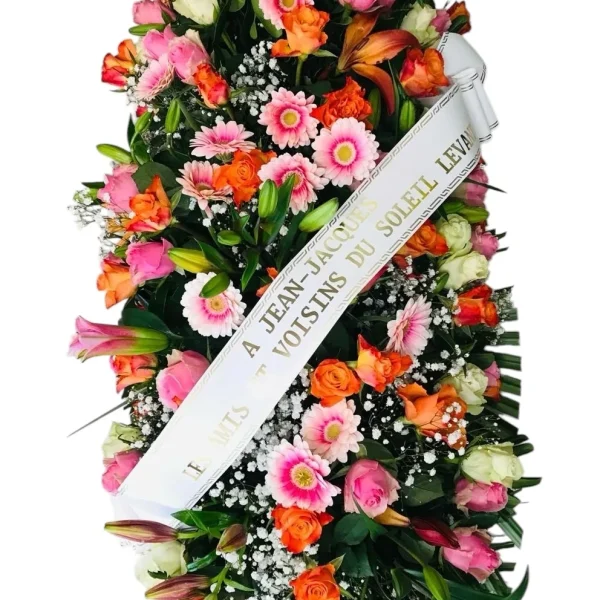 Souvenirfleuri.fr-Dessus de cercueil roses orangerose et gerbera rose