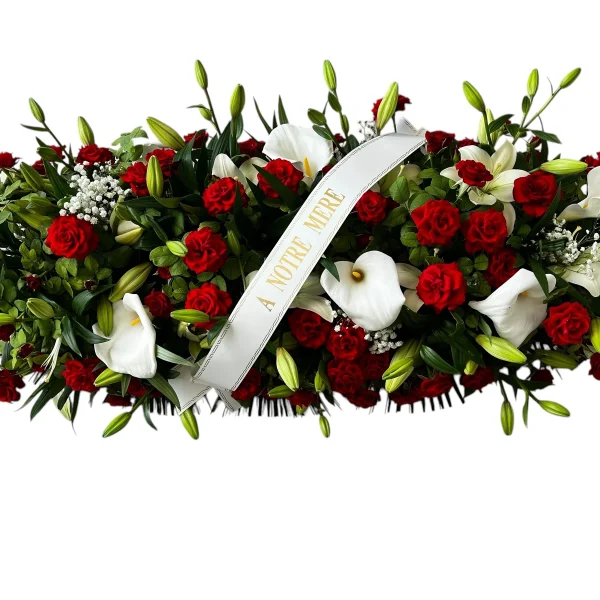 Souvenirfleuri.fr-Dessus de cercueil roses rouges et Arum