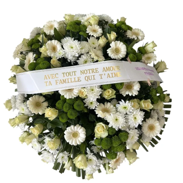 Coussin rond de roses blanches et gerberas blancs