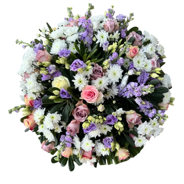 Coussin rond de roses pastel et violine