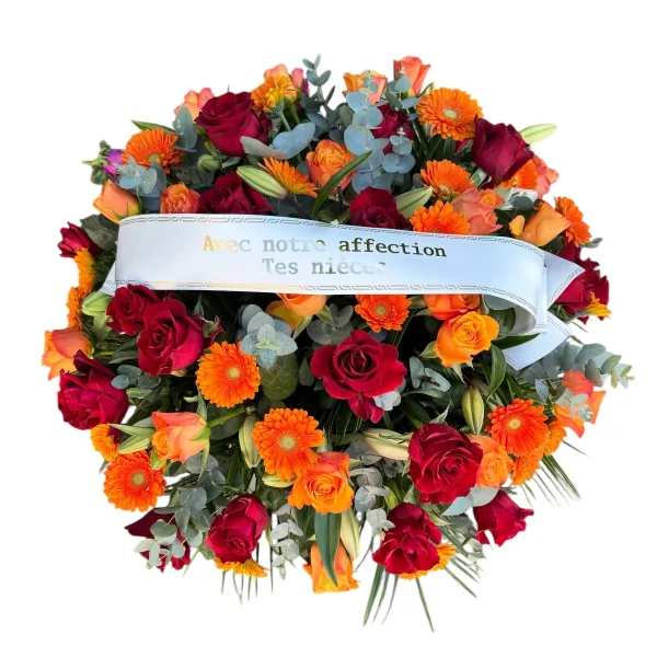 Coussin rond roses rouges et gerberas oranges