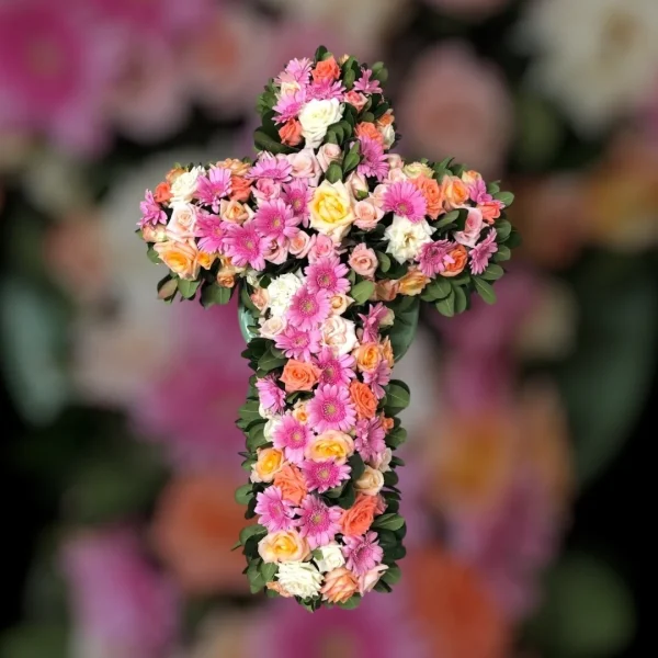 Croix en roses blanches, oranges et gerberas roses